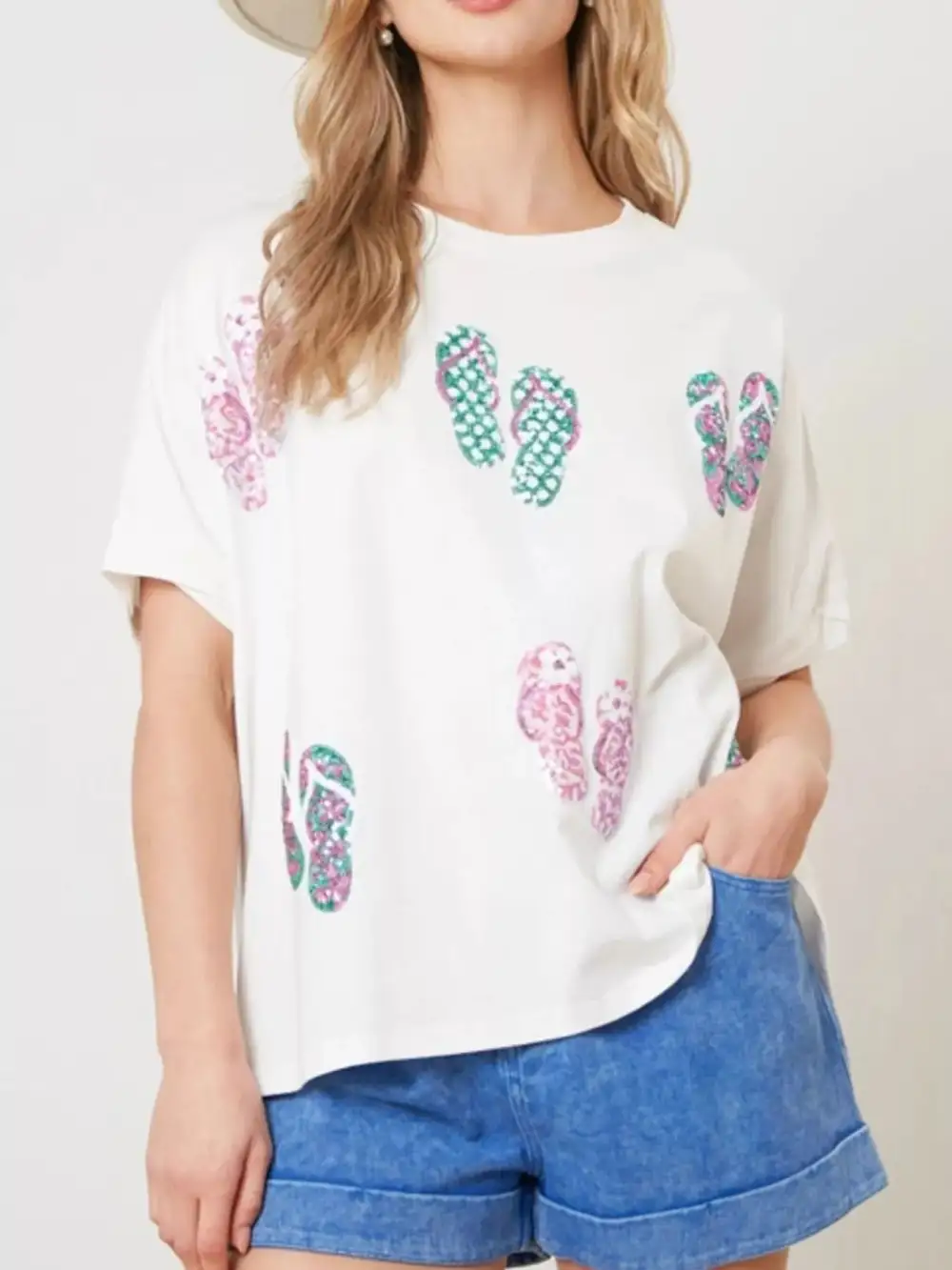 Flip Flop Print Round Neck Casual T