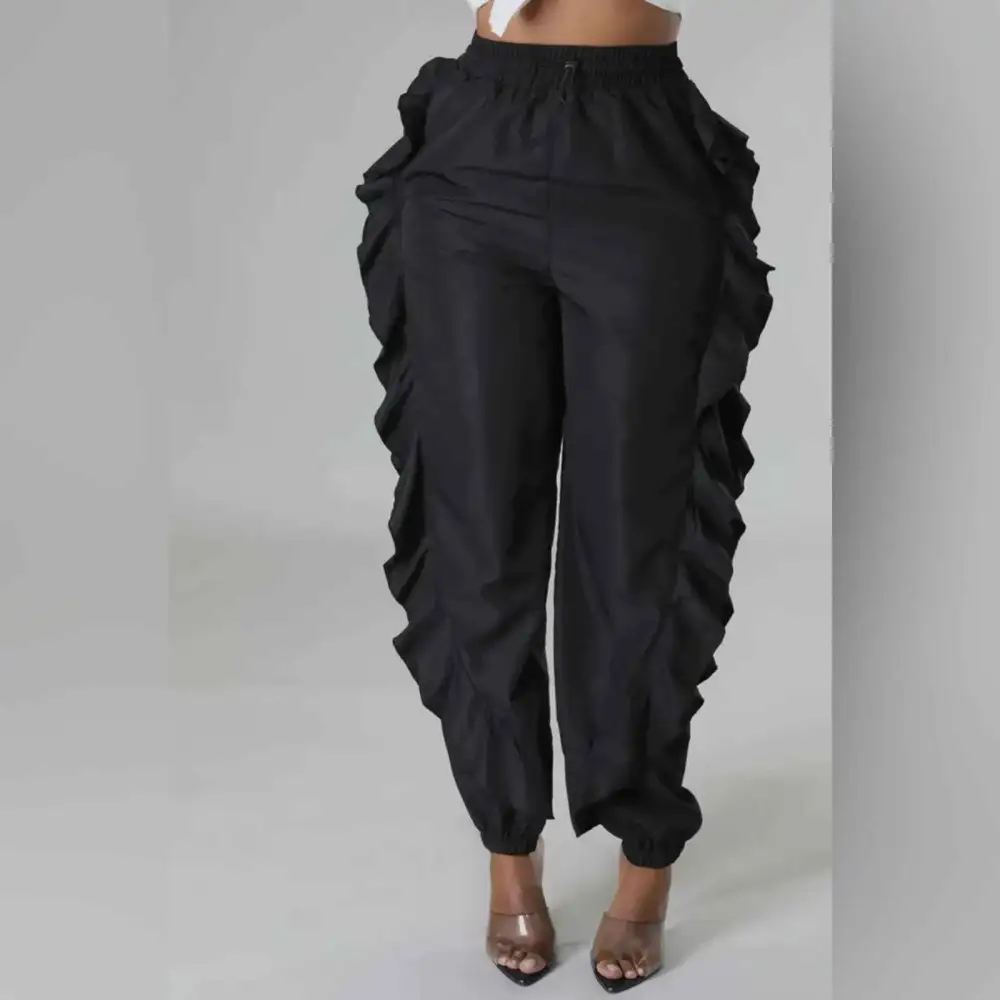 Drawstring Waist Ruffle Side Cargo Pants