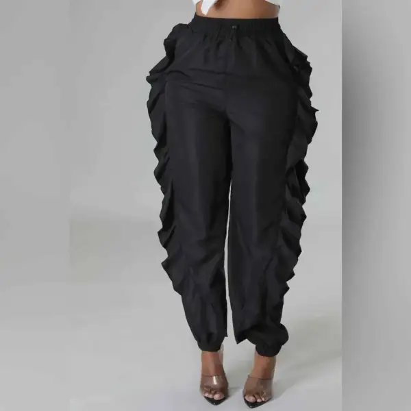 Drawstring Waist Ruffle Side Cargo Pants