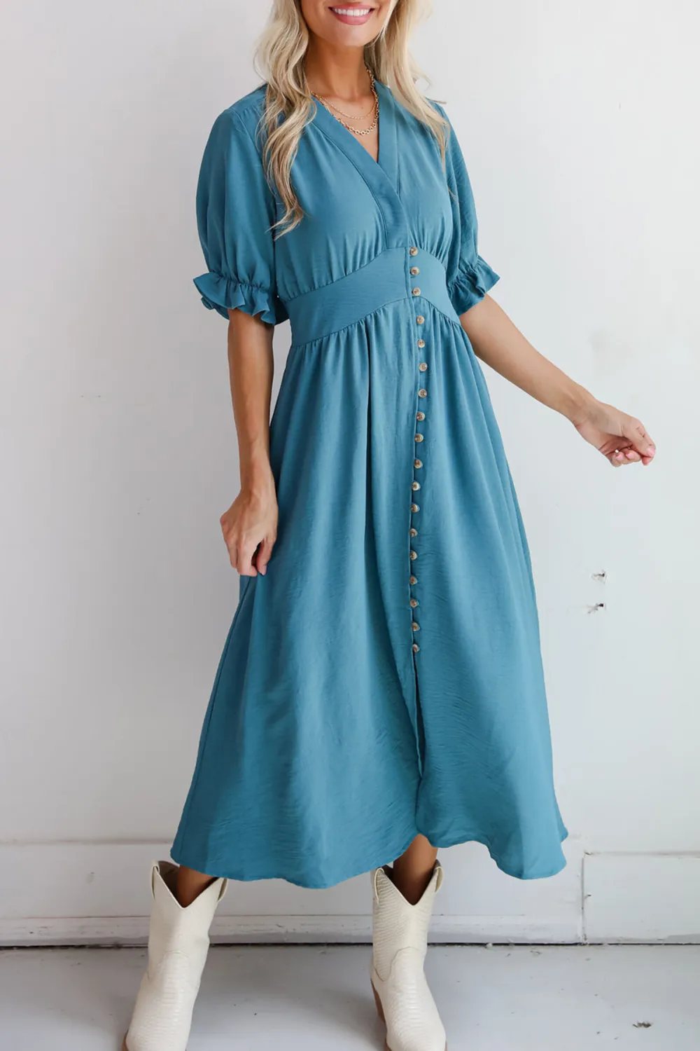 V-Neck Teal Midi Dress