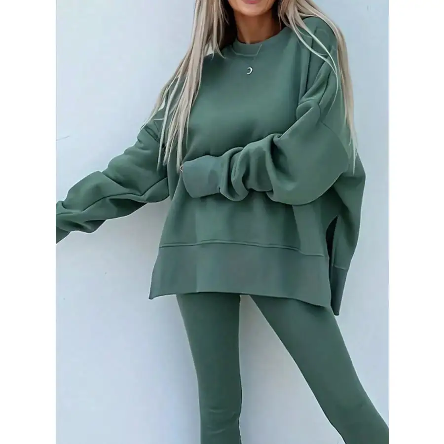 Solid Oversize Slit Sweatshirt and Ribbed Leggings 2pcs Set