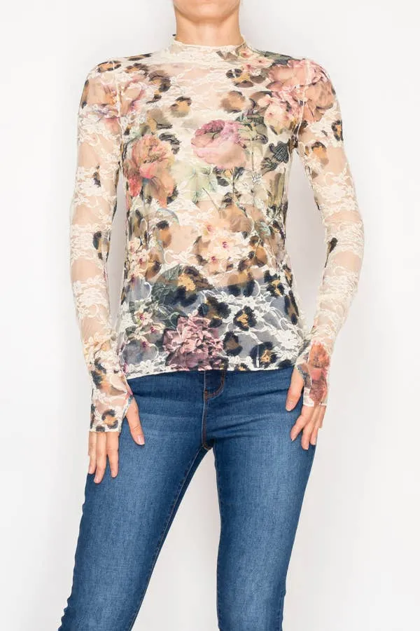 Floral Lace Trim Mesh Top