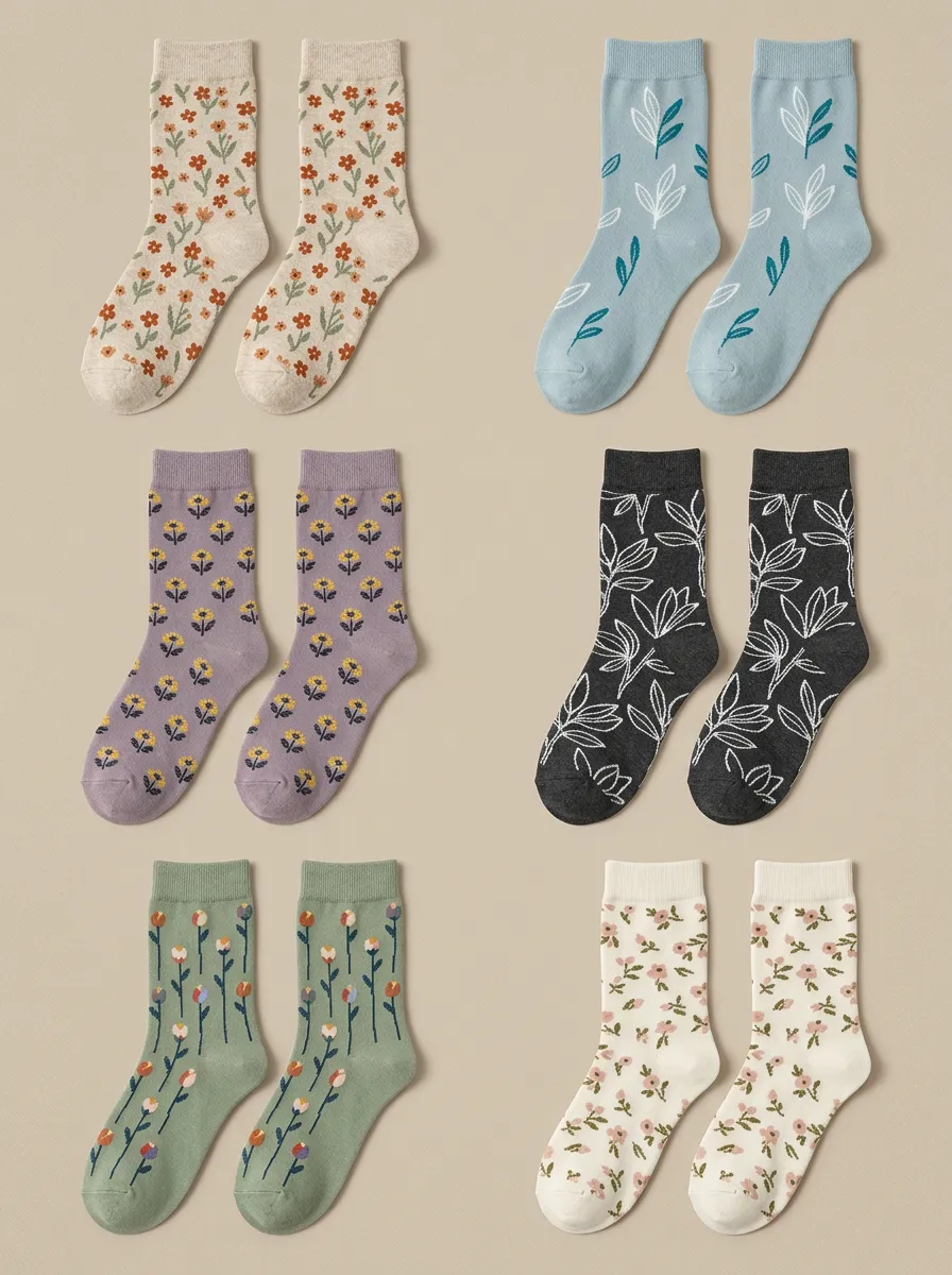 Women's Floral Leaf Crew Socks Six Pair Set