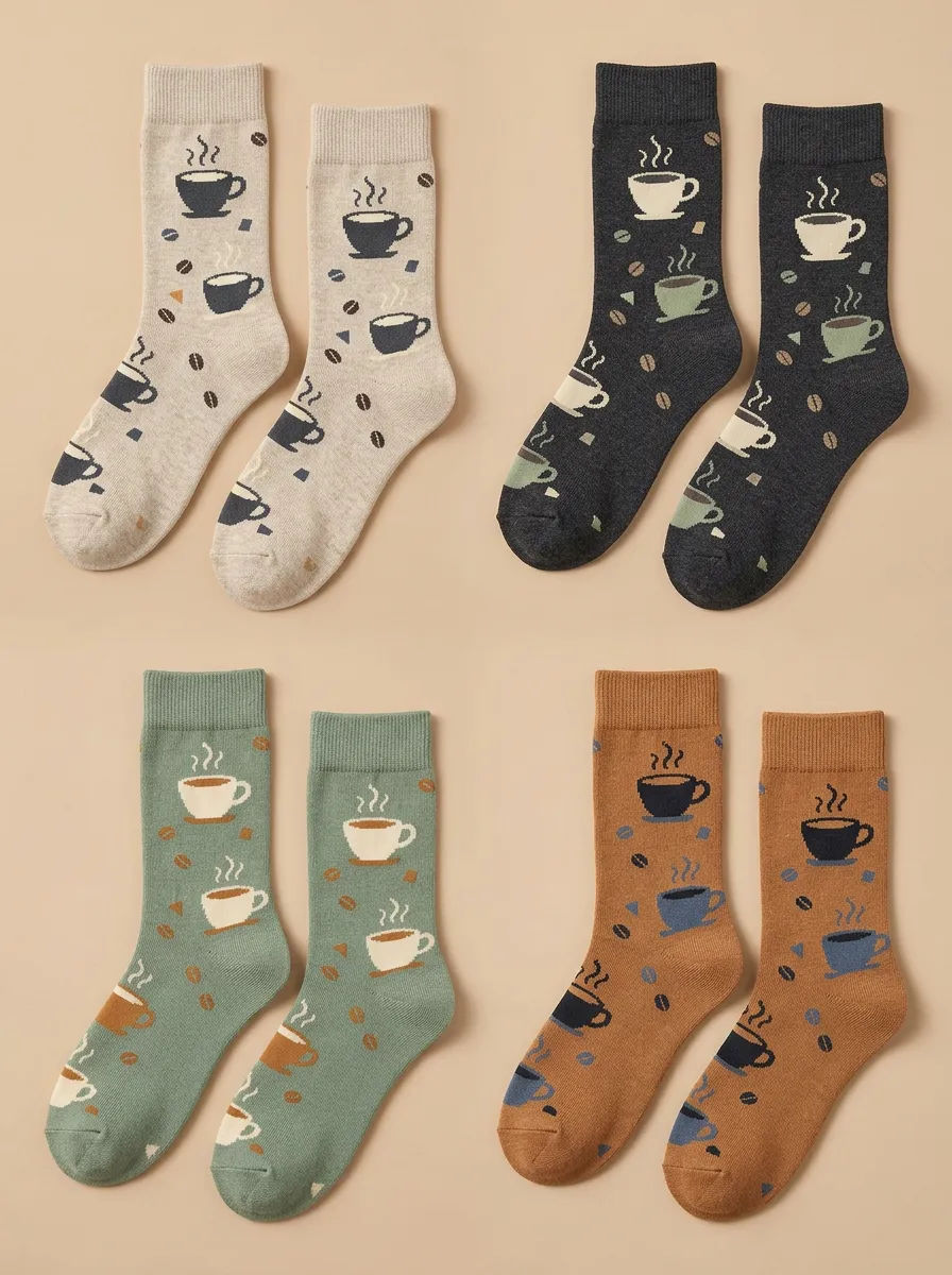 Women's Coffee Motif Ribbed Crew Socks Four Pair Set