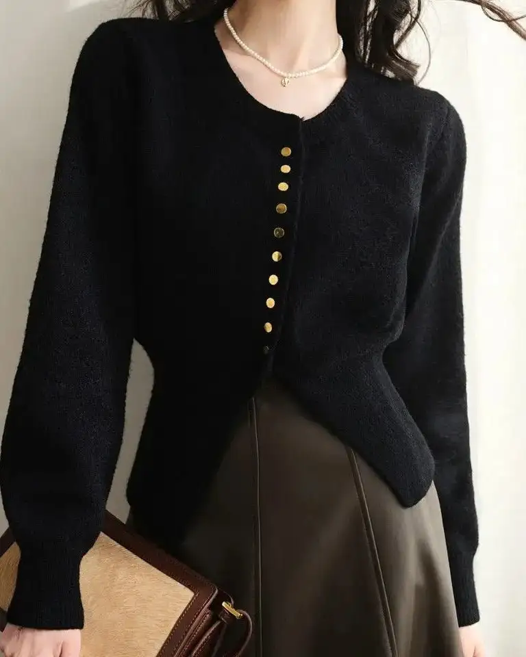 Acrylic-Blend Button-Front Round-Neck Cardigan