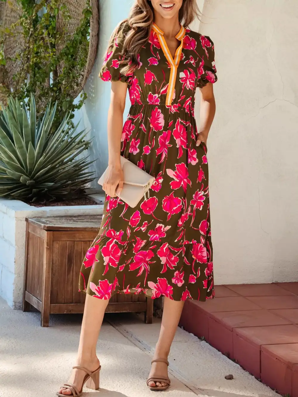 Gathered Detail Floral Printed Split Neck Dress