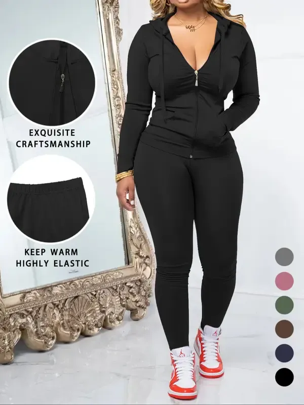 Women's Fall Zipper Hoodie and Skinny Pants Set, Casual Soft Long Sleeve Pullover with Pocket Design
