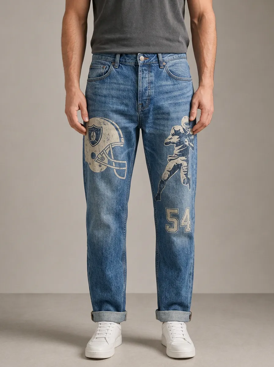 Men's American Football Fan Helmet Player 54 Printed Jeans