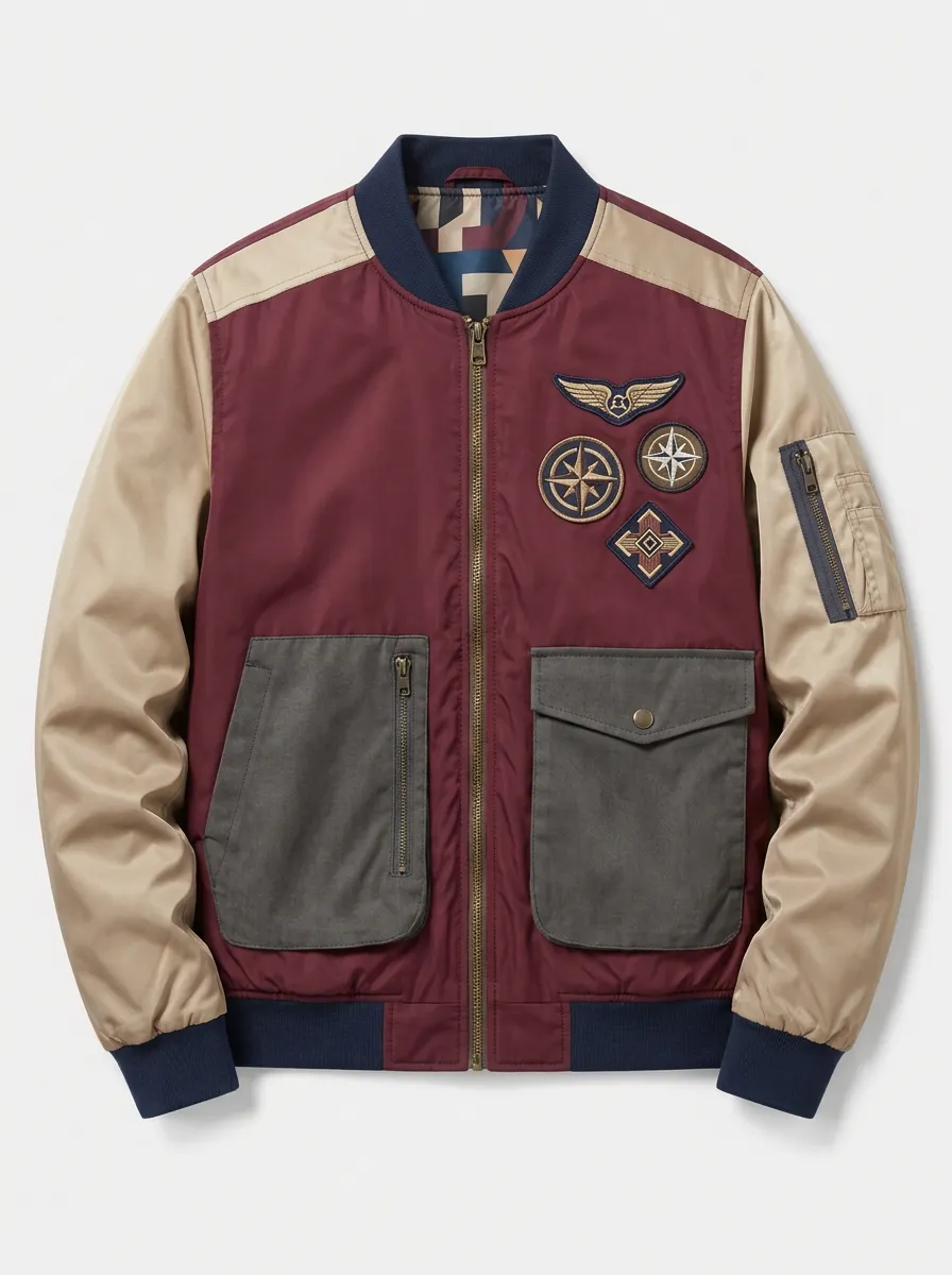 Men's Aviation Explorer Compass Patch Printed Bomber Jacket