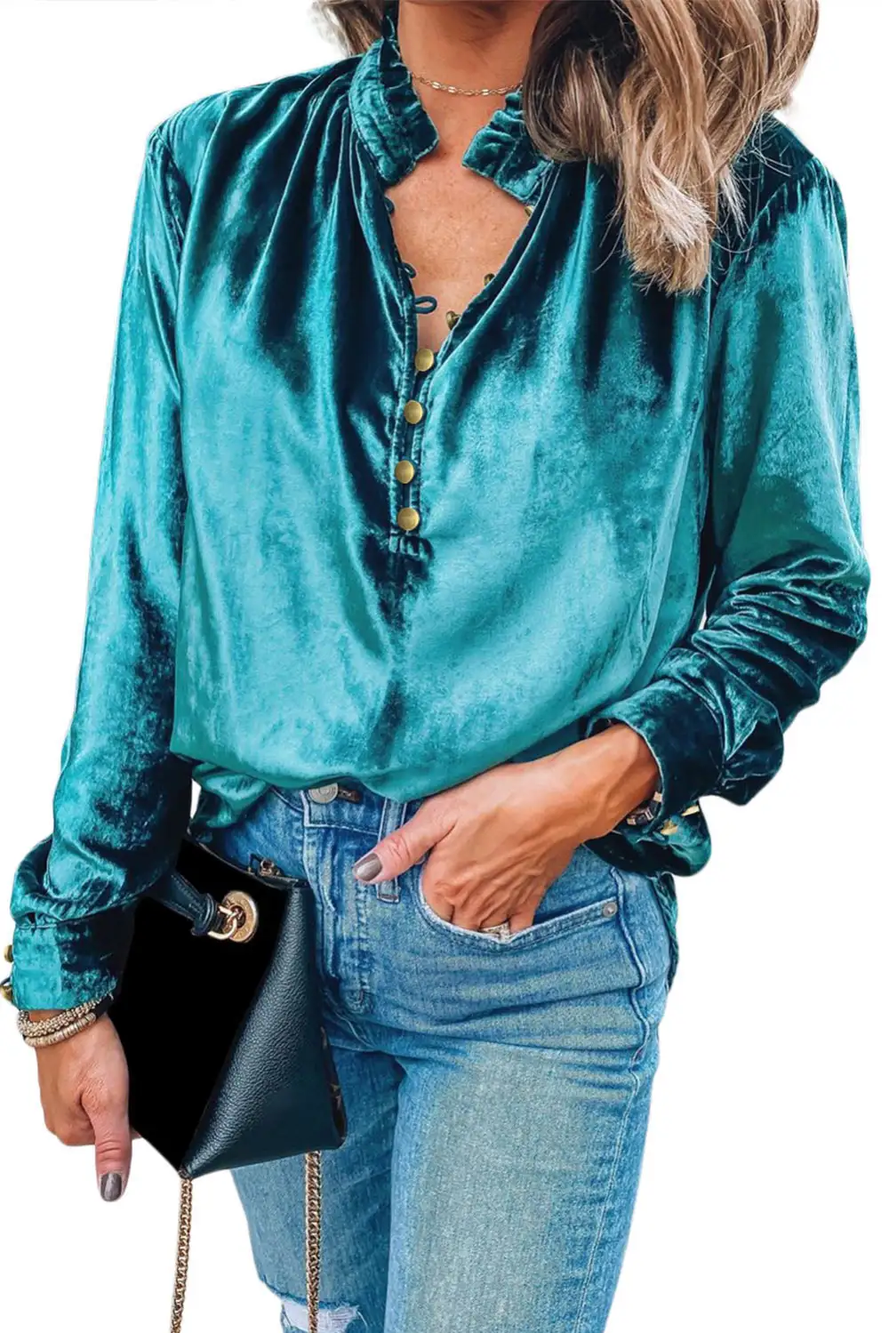 Velvet Frilled Button Front Top