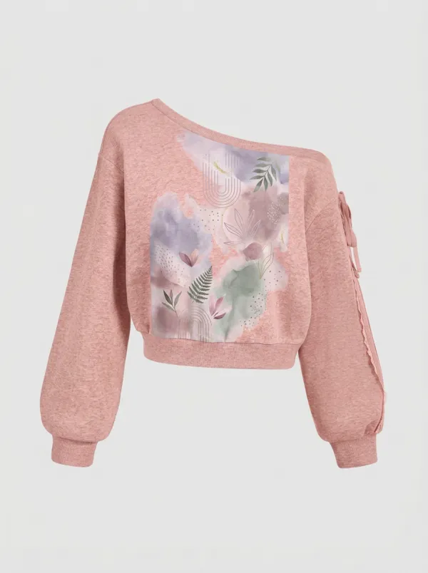Women's Boho Botanical Watercolor Printed One-Shoulder Sweatshirt