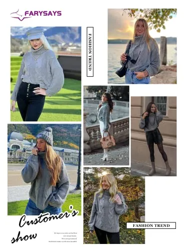 Women's 2025 Turtleneck Balloon Long Sleeve Casual Loose Chunky Cable Knit Pullover Sweater Outerwear