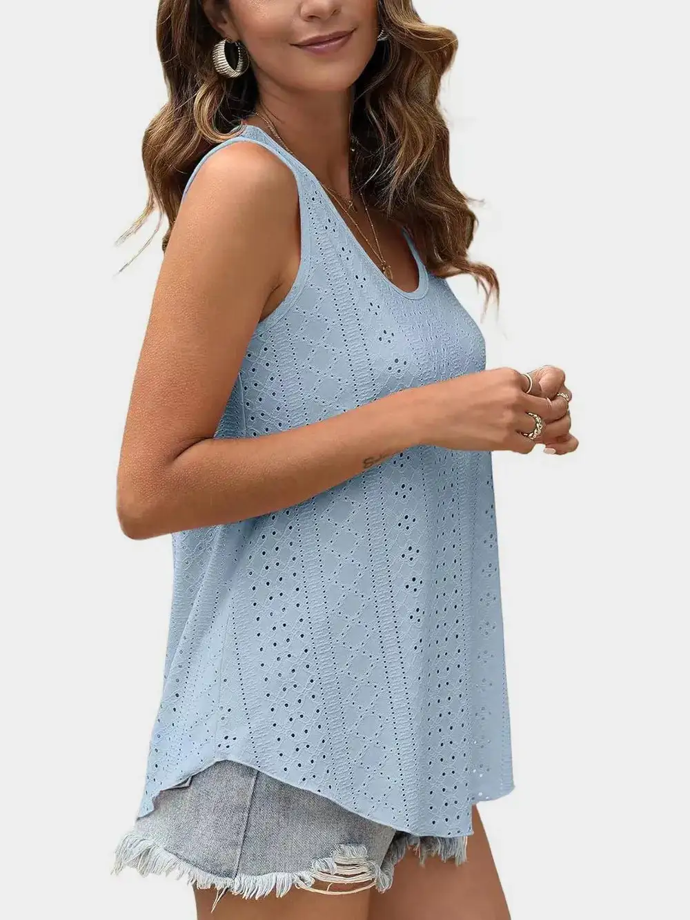 Eyelet Round Neck Tank With Sheer Detail