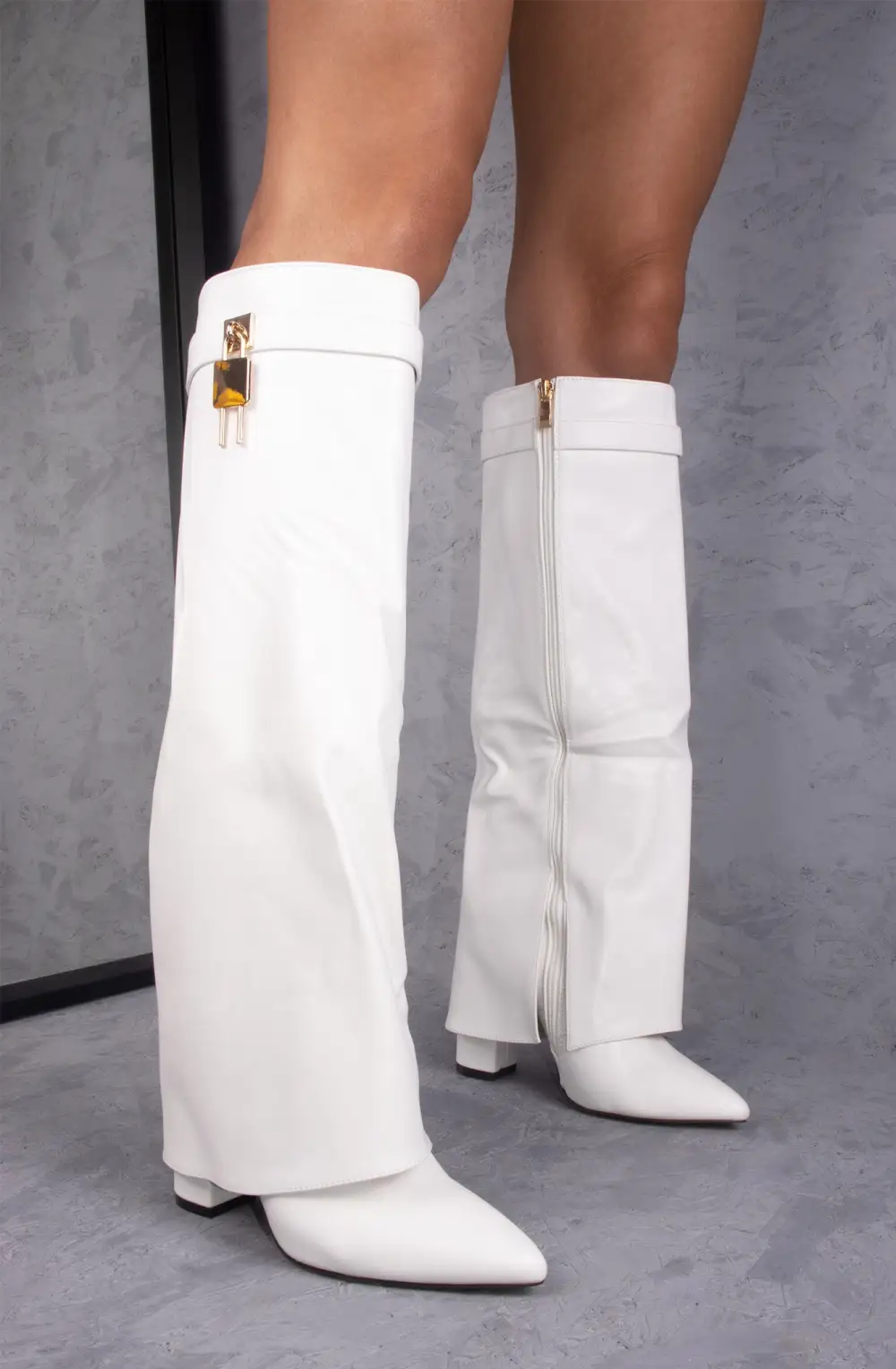 Western Fold-Over Buckle Detail Faux Leather Knee High Boots