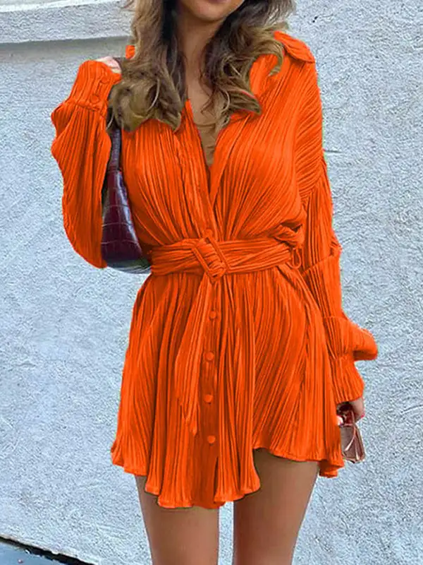 Long Sleeve Buttoned Pleated Solid Color Tied Waist Lapel Mini Dress
