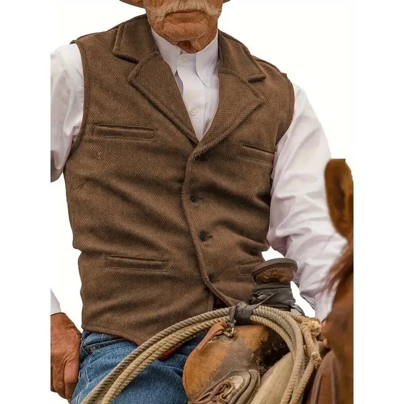 Men's Tweed Cowboy Vests Hunting Fishing Wool Herringbone