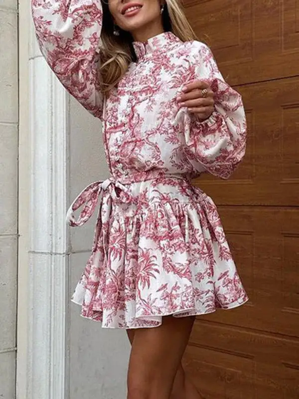 Relaxed Puff Sleeve Pleated Printed Split Joint Tied Waist Stand Collar