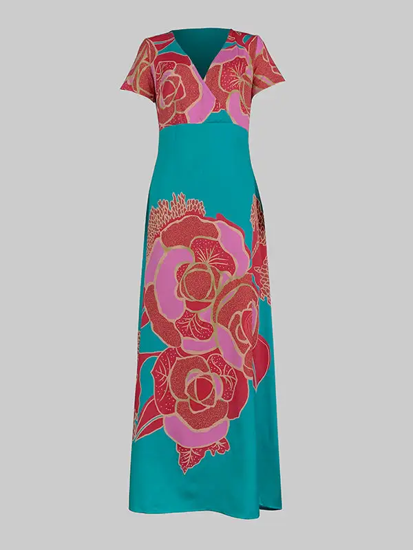 Loose Floral Printed Neck Maxi Dress