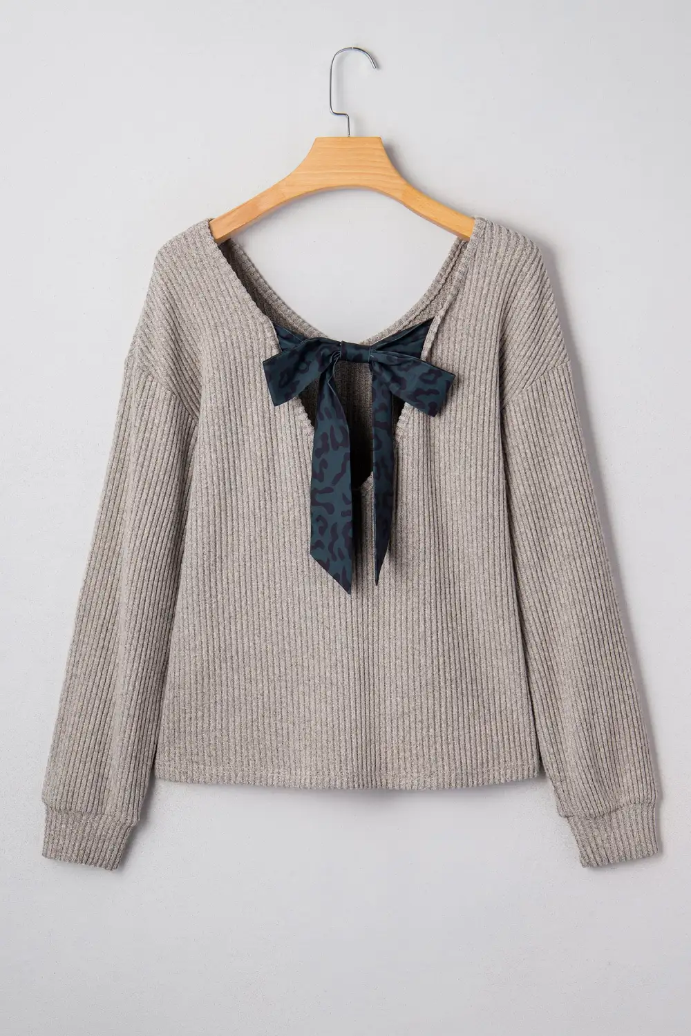 Simply Taupe Ribbed V Neck Contrast Ribbon Bow Back Drop Shoulder Long Sleeve Top