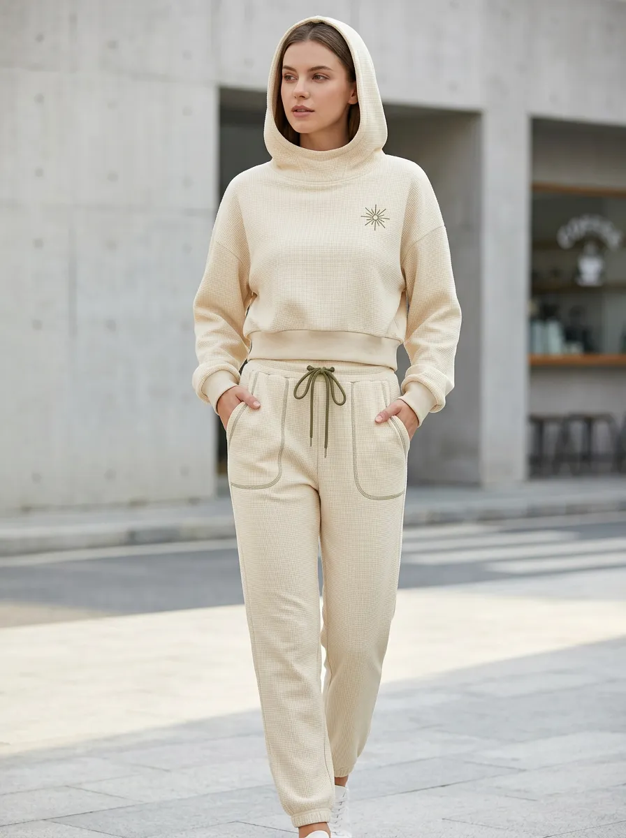 Women's Minimalist Sun Symbol Printed Waffle Knit Hoodie Jogger Set