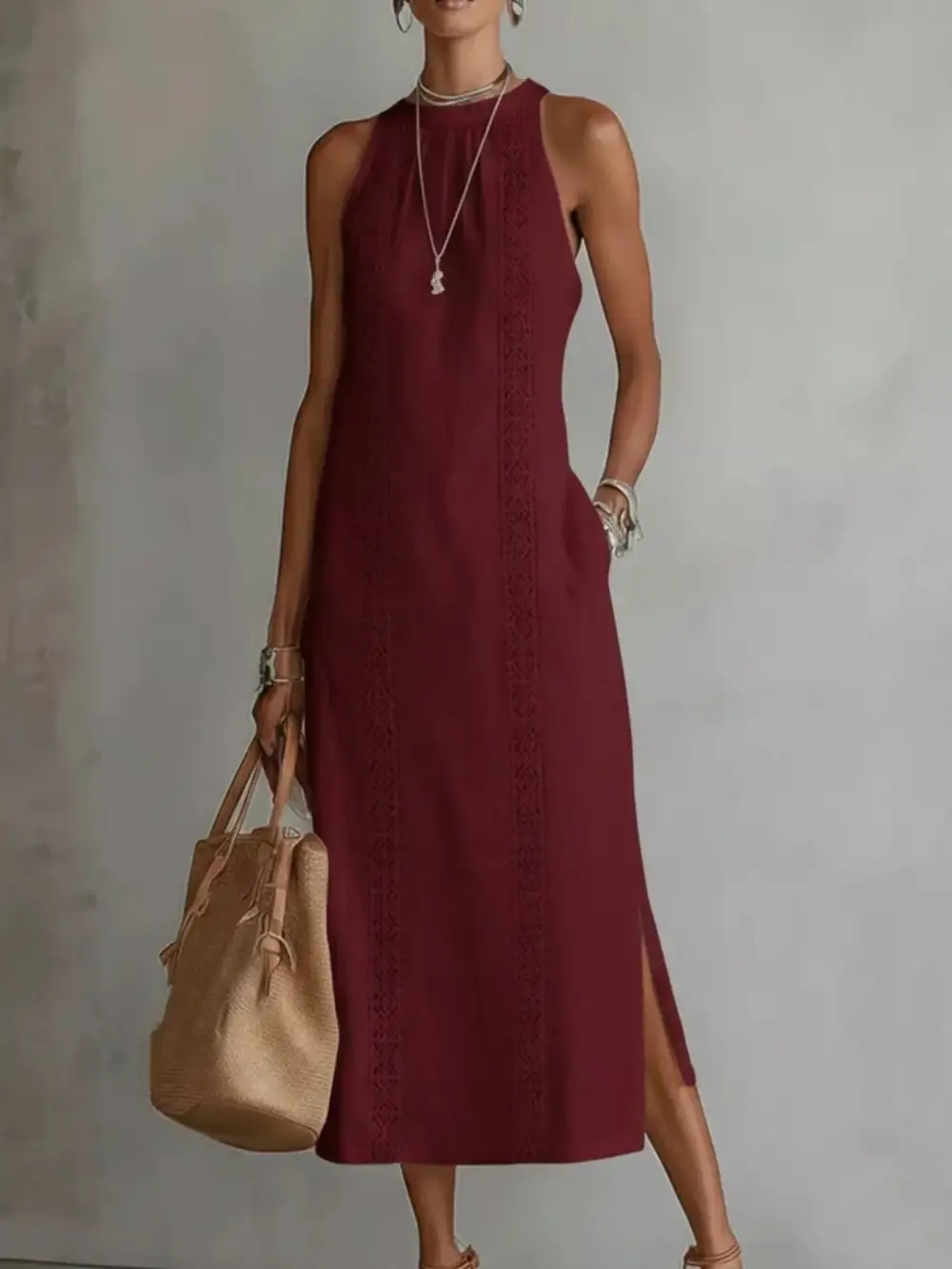 Sleeveless Lace Trim Pocketed Midi Dress
