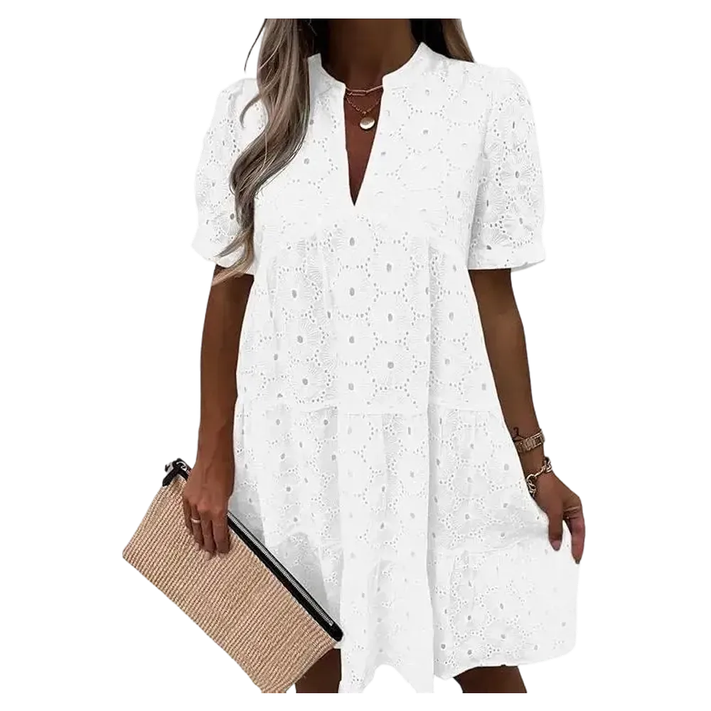 Flowy Lace Dresses Short Sleeve V Neck Tunic Dress