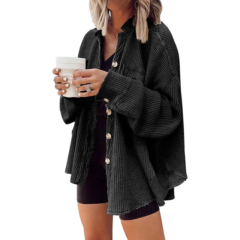 Women's Loose Fit Batwing Sleeve Waffle Knit Button Down Shirt