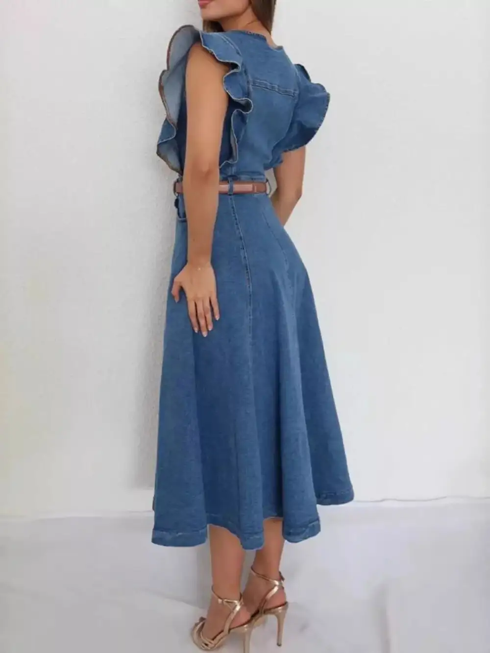 Denim Button Front Ruffle Dress Casual