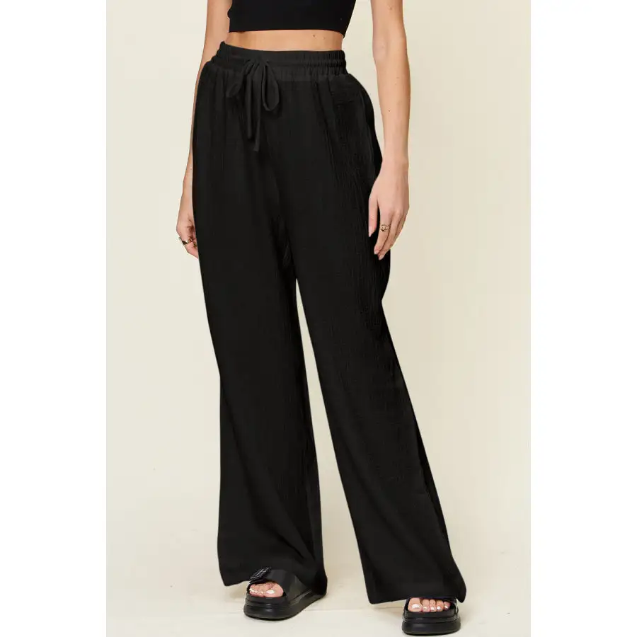 Full Size Texture Drawstring Wide Leg Pants
