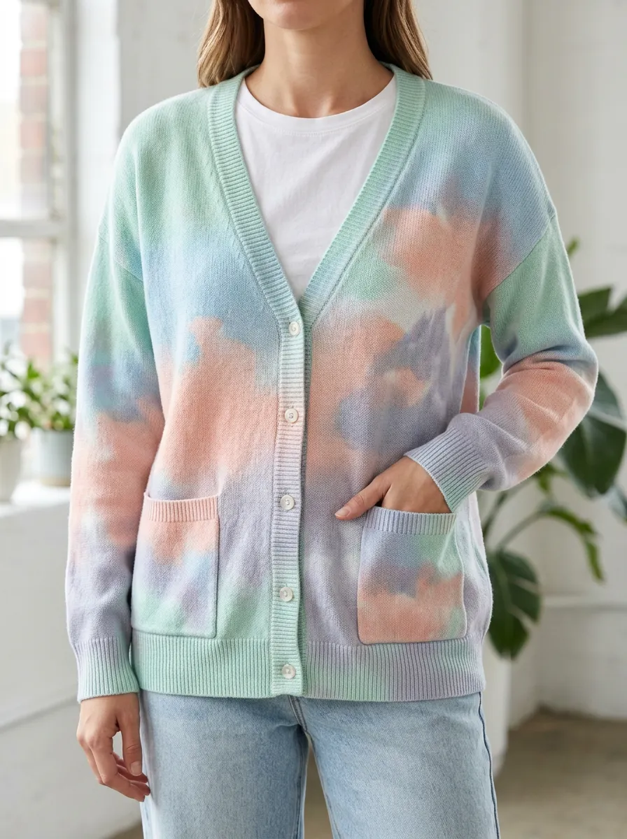 Women's Pastel Tie-Dye Pattern Printed Button Front City Casual Cardigan