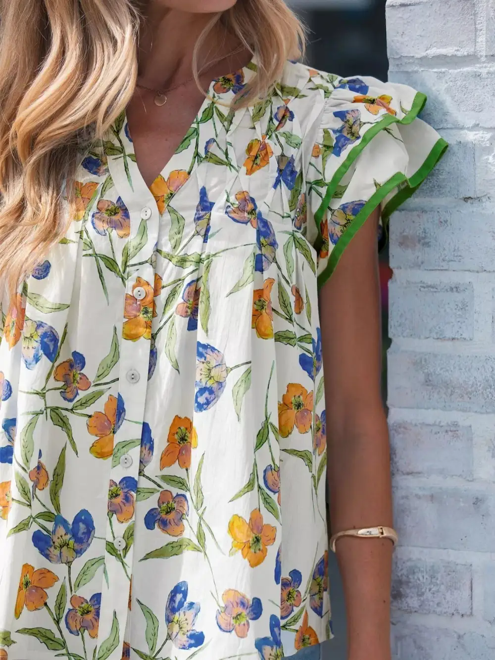 V-Neck Ruffled Floral Blouse