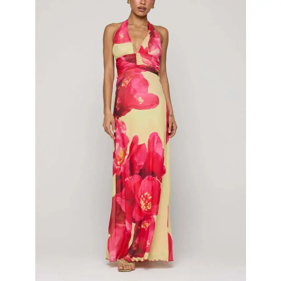 Floral Halter Neck Deep V Maxi Dress