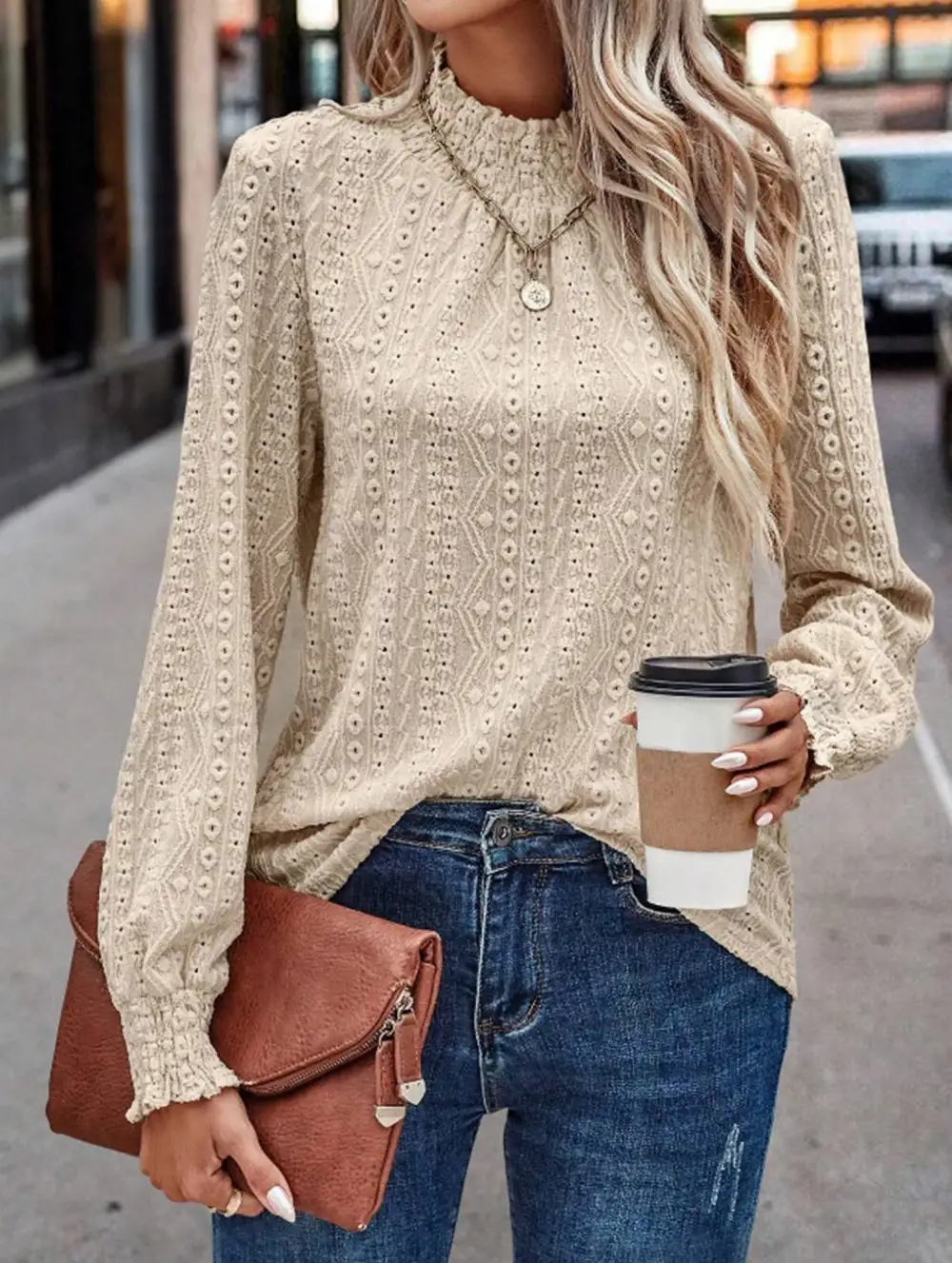 Jacquard Crew Neck Long Sleeve Tee