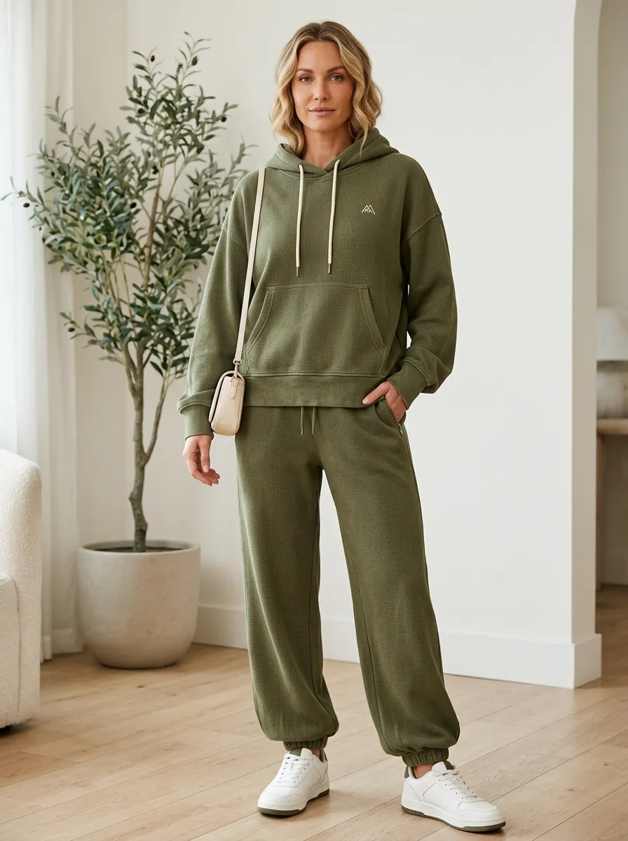 Women's Olive Green Waffle Knit Logo Printed Hoodie Jogger Set