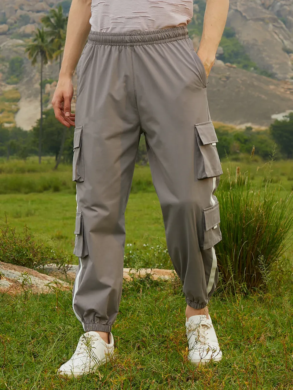 Grey Mid-Rise Side-Striped Trousers