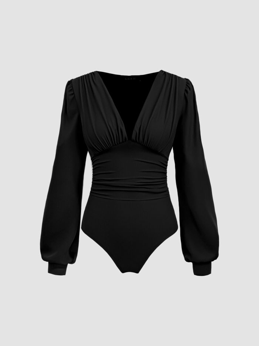 Jersey V-Neck Solid Ruched Bodysuit