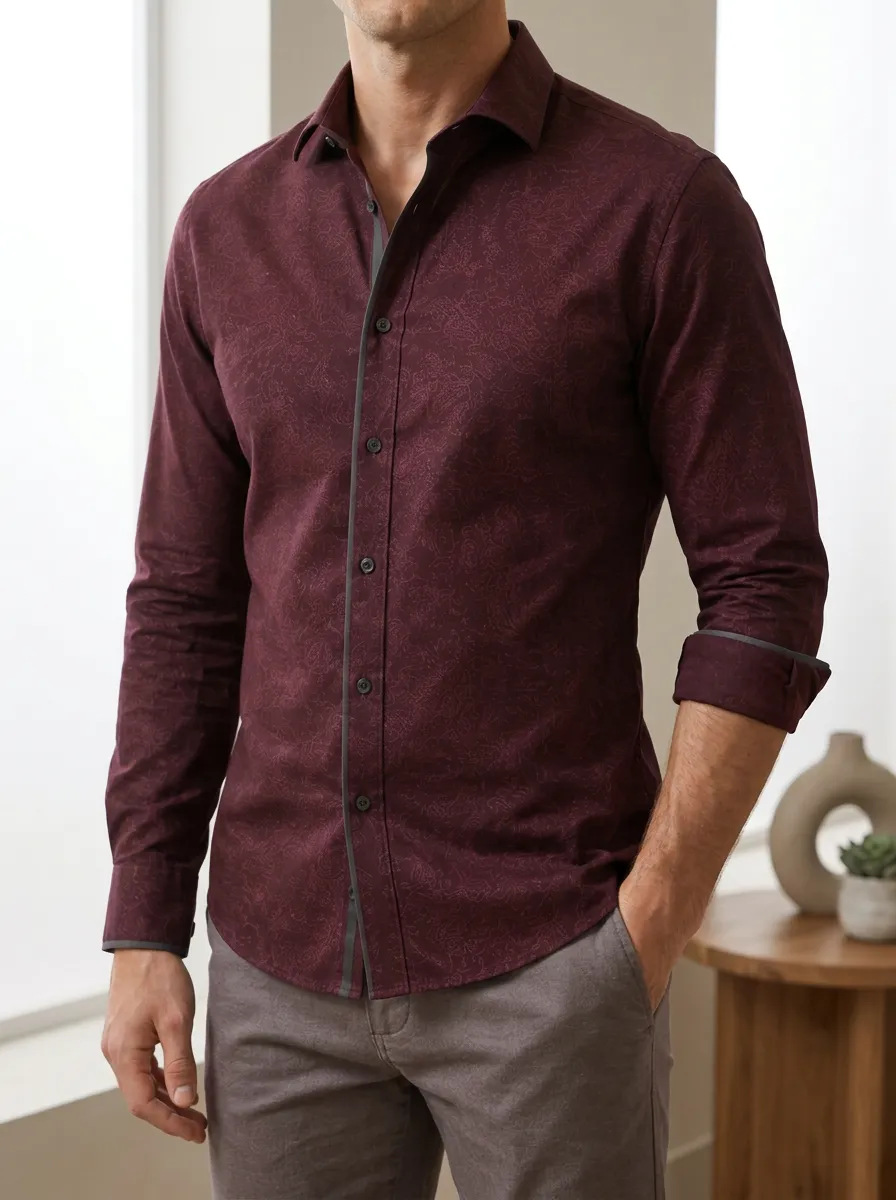 Men's Burgundy Paisley Pattern Slim Fit Printed Shirt