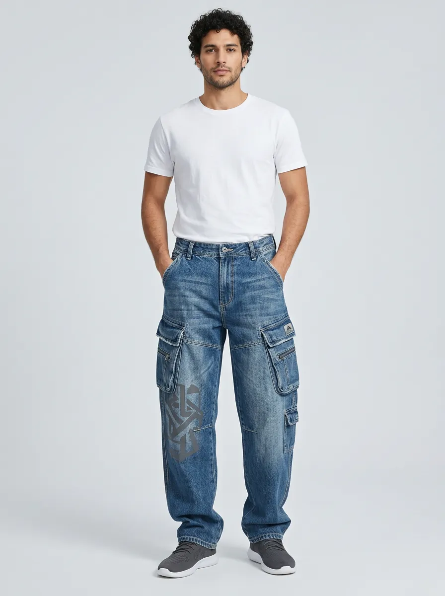 Men's Mid-Blue Geometric Detail Multi-Pocket Straight-Leg Denim Cargo Pants