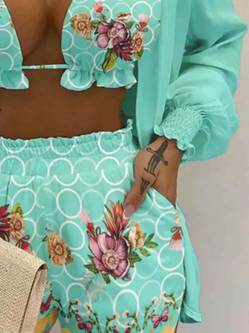 Halter Neck Cami & Shirt & Shorts Piece Outfit Set