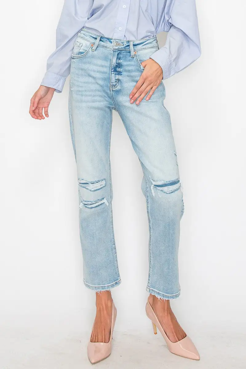 Active High Rise Straight Leg Distressed Denim Jeans