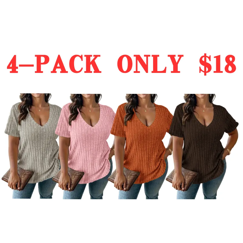 Women Plus Size Summer V-Neck Tee – Casual Short Sleeve Top