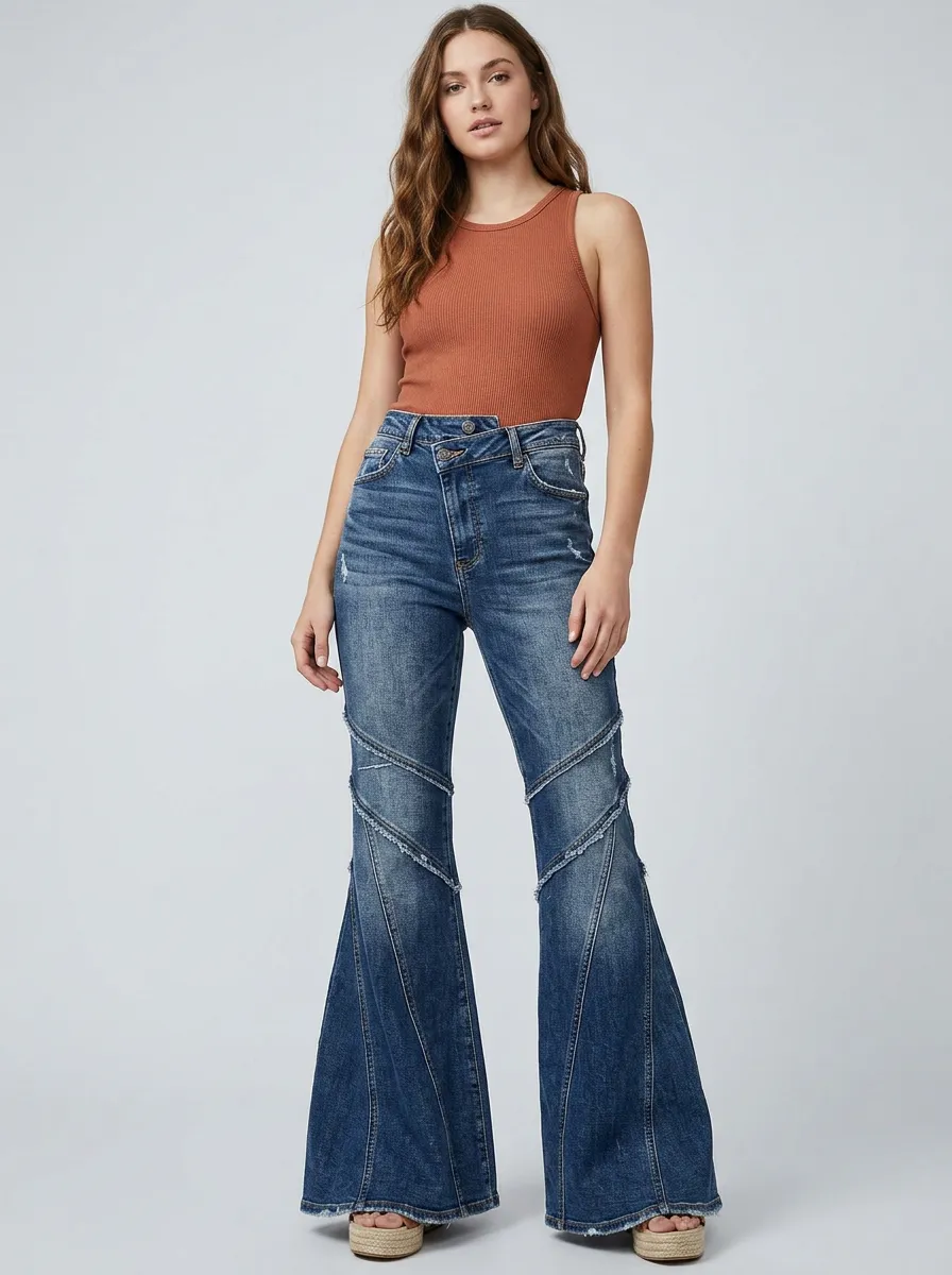 Women's Vintage Style Crisscross Waist Distressed Flare Jeans