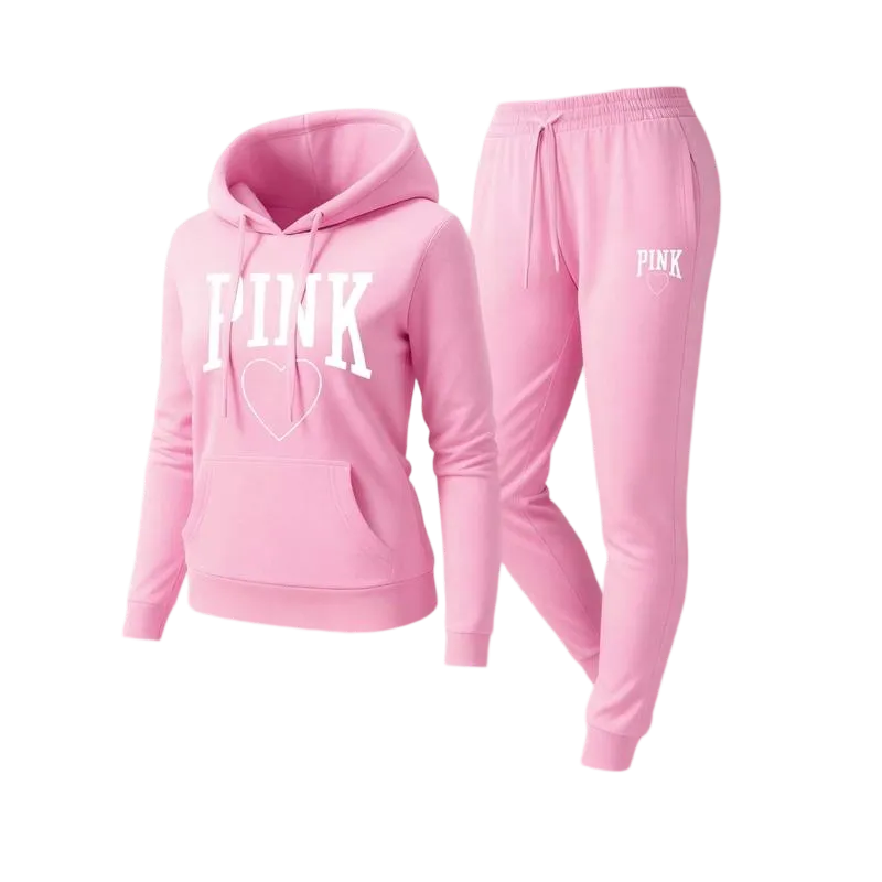 Women's Pink Heart Print Hair And Sunglasses Hoodie And Drawstring Track Pants Set