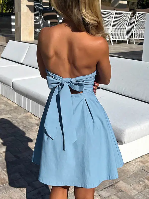 A Line Relaxed Backless Pleated Solid Color Split Joint Tied Tube