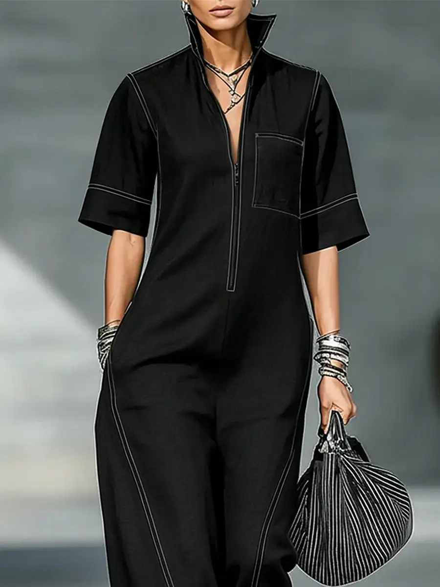 Losse Jumpsuits Met Korte Mouwen Zakken Effen Kleur
