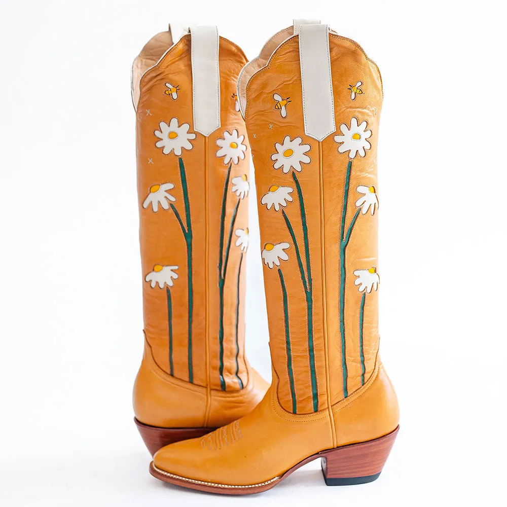 Faux-Leather Floral Chunky-Heel Platform Mid-Calf Boots