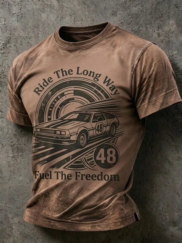 Men's Vintage Car Racing Ride The Long Way Printed T-shirt