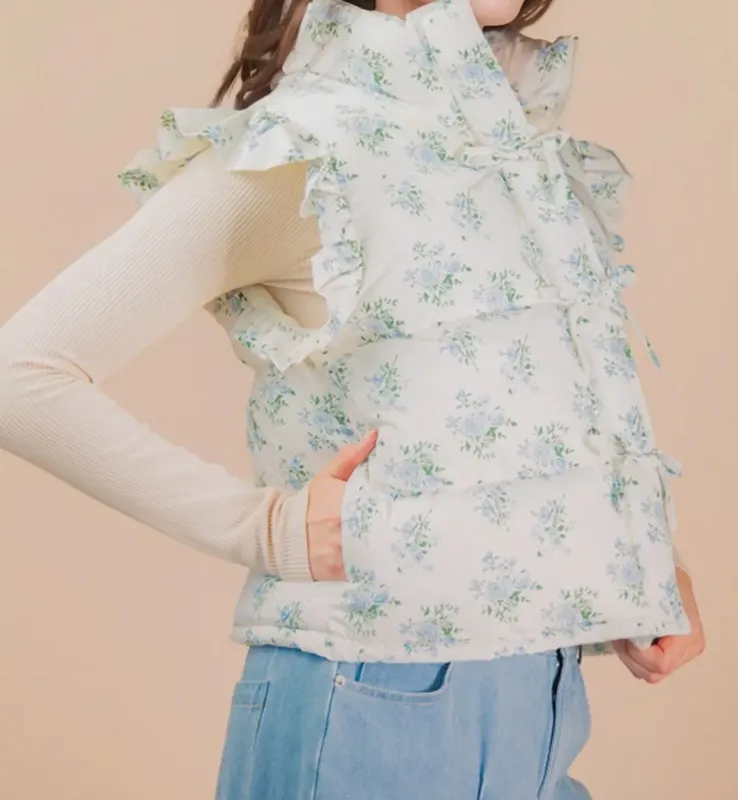 Front Bow Ruffle Sleeve Puffer Vest