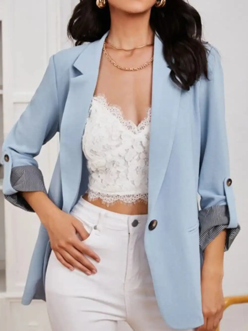 Lapel Collar Roll Tab Sleeve Blazer