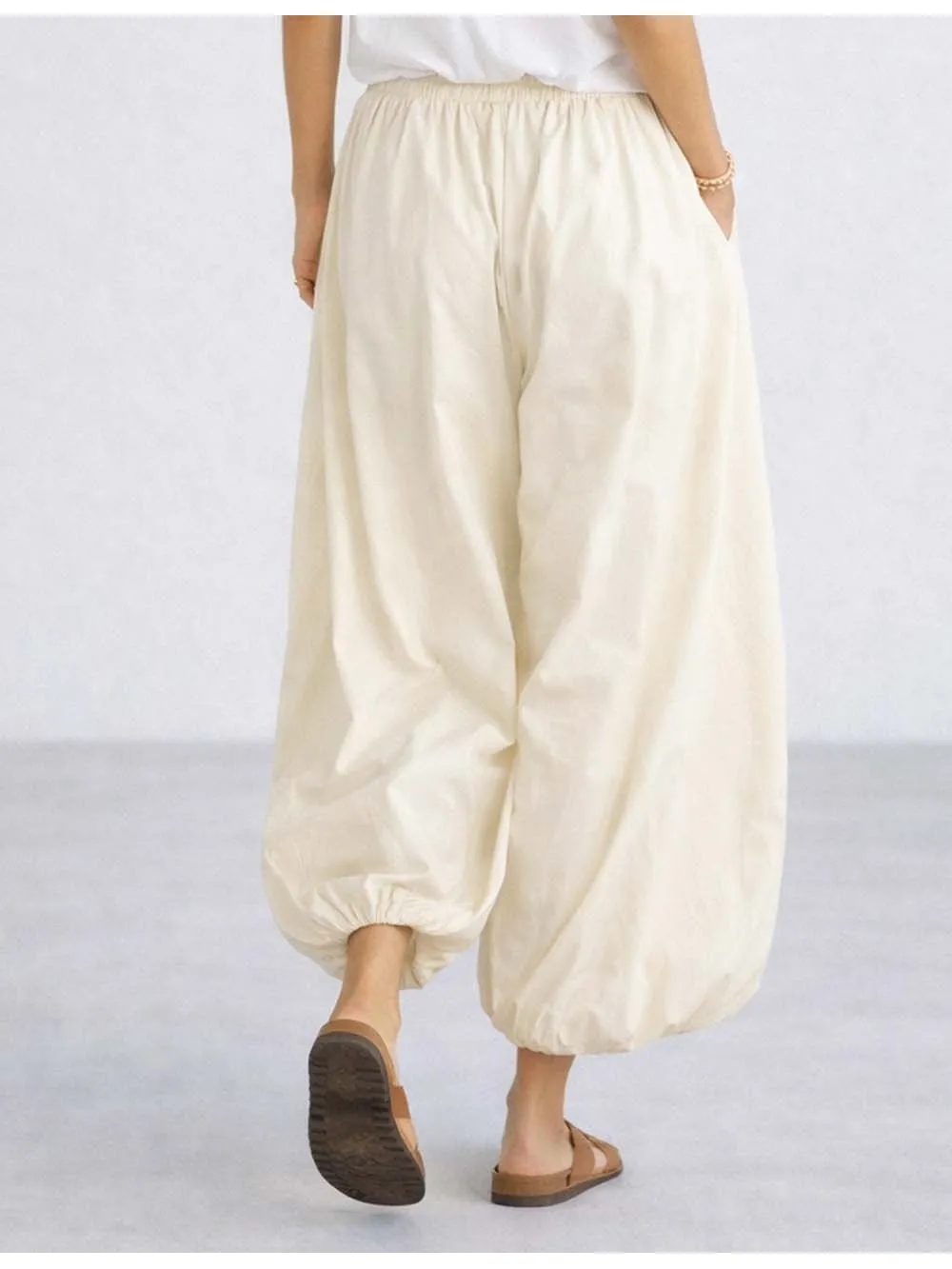 Solid Color Elastic Waist Drawstring Lantern Pants